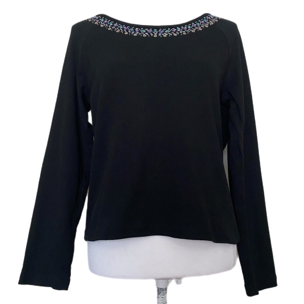 Knit de Knit Women's Black Long Sleeve Scoop Beaded Sequin Neckline Size M
